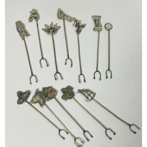 12 Hors D'oeuvre Forks Alpaca Silver 2 Prong Abalone Inlay Mexico Cocktail Picks